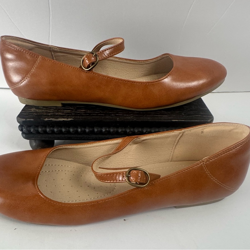 Mary Jane Flats Cognac Brown Ballet Flats Buckle Strap Comfort Shoes Women’s 11